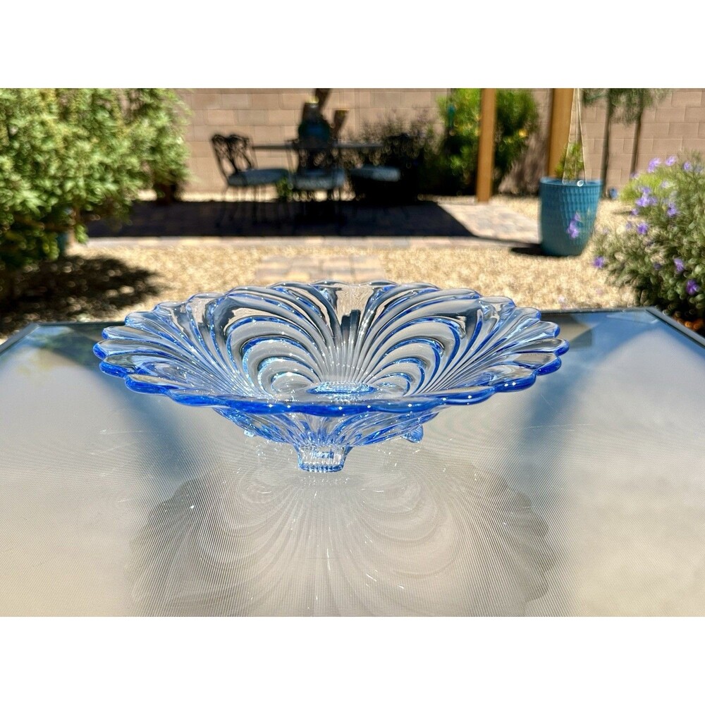 Cambridge Moonlight Blue Caprice 4 toed footed Glass Bowl Scalloped Rim 10 5/8"
